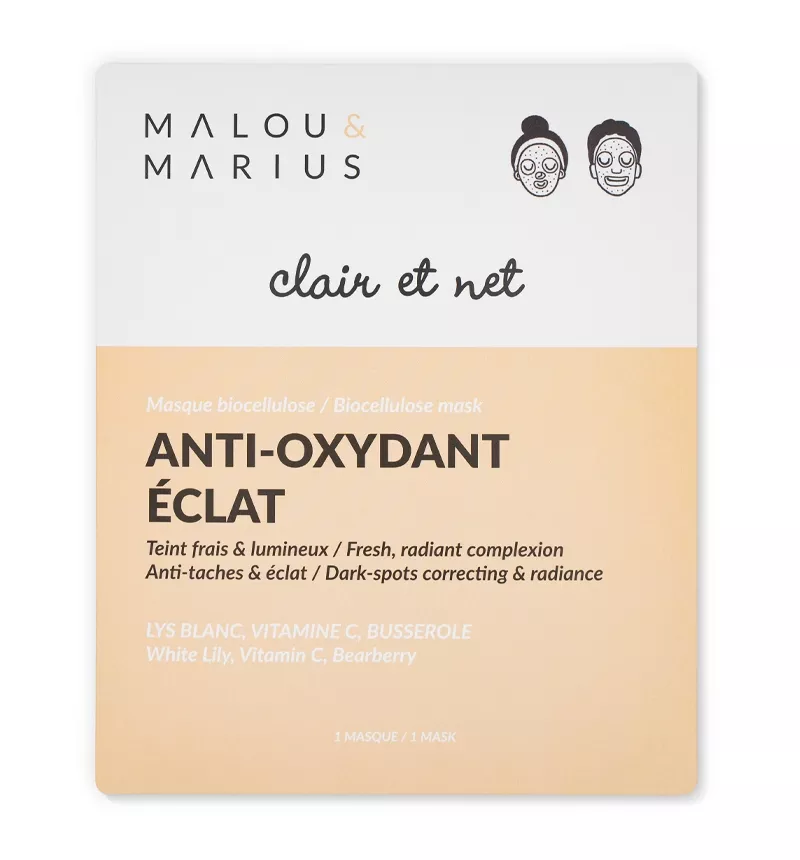 MASQUE BIO-CELLULOSE ÉCLAT & PURETÉ CLAIR ET NET - MALOU&MARIUS - LYS BLANC, VITAMINE C, ANTI-TACHES