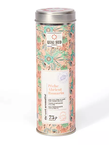 THÉ VERT PÊCHE ABRICOT ROMARIN – QUAI SUD – BOÎTE RONDE 75 G
