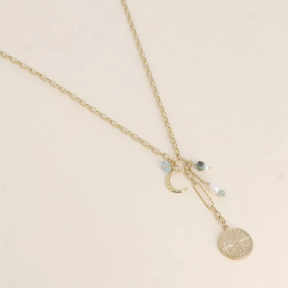 COLLIER EN Y ACIER INOXYDABLE DORÉ – BRELOQUES GALACTIQUES & CROISSANT DE LUNE – BOHM PARIS