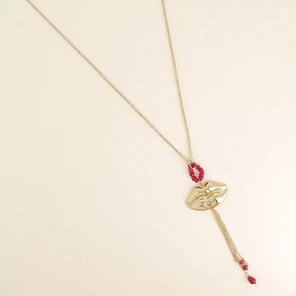 COLLIER ACIER INOXYDABLE DORÉ – ANNEAU DE PIERRES NATURELLES & PENDENTIF BOUCHE – BOHM PARIS