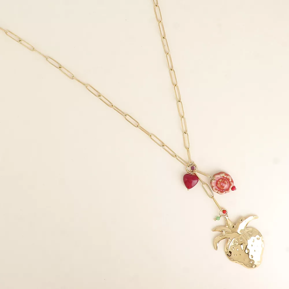 COLLIER ACIER INOXYDABLE DORÉ – PENDENTIF FRAISE, CŒUR & FLEUR EN CÉRAMIQUE – BOHM PARIS