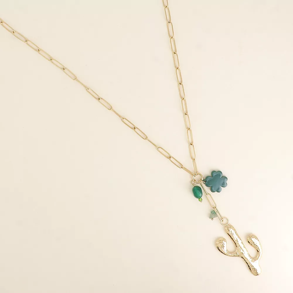 COLLIER ACIER INOXYDABLE DORÉ – PENDENTIF CACTUS, TRÈFLE & PERLE – BOHM PARIS