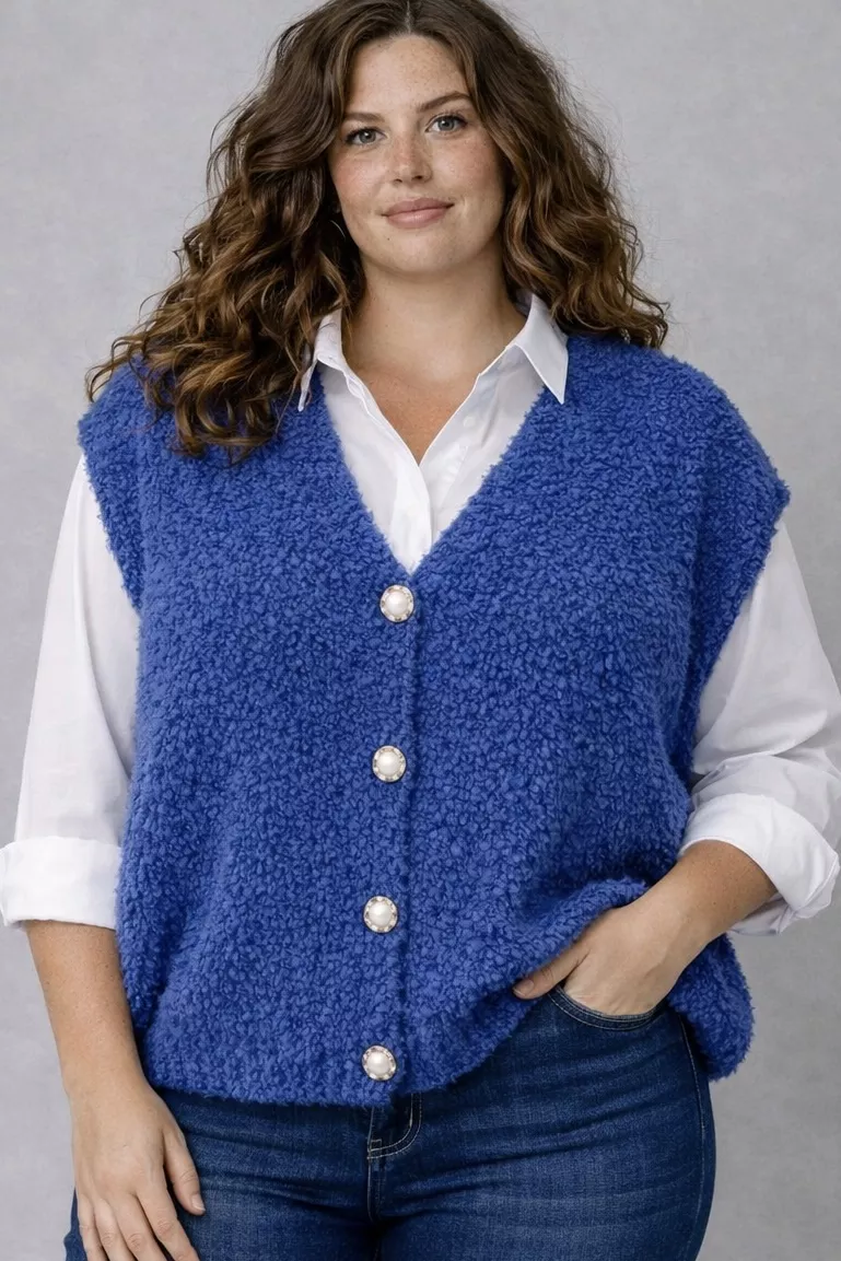 GILET TIXY COL V BOUCLETTE – MINA ROSA – GRANDE TAILLE TU 50–54