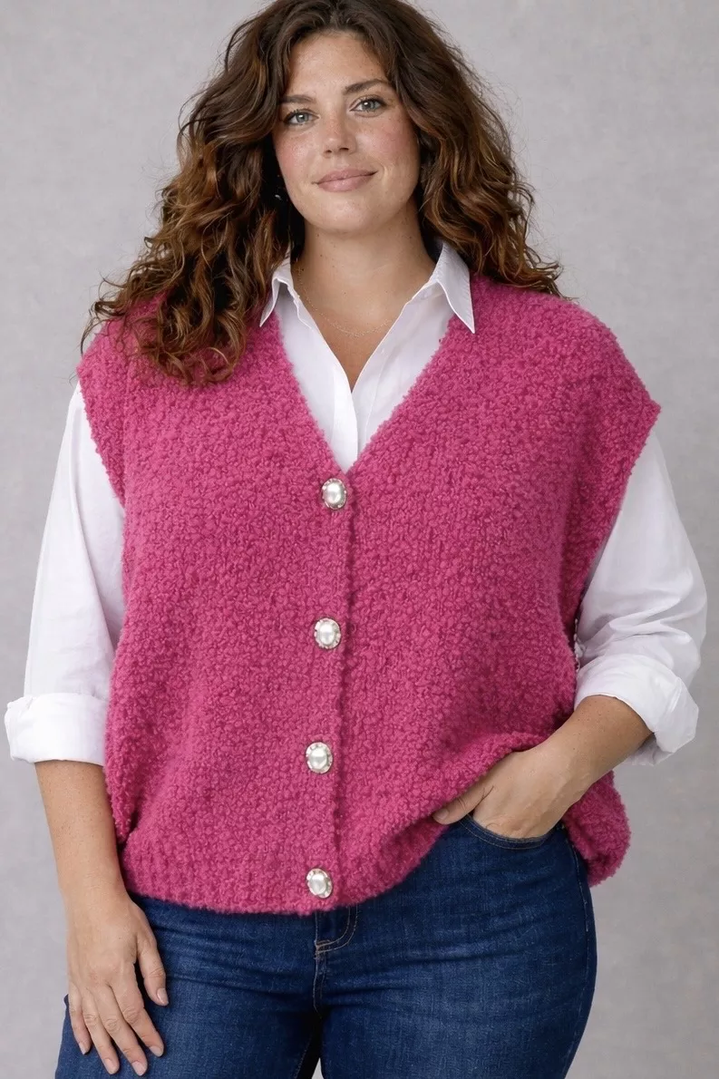 GILET TIXY COL V BOUCLETTE – MINA ROSA – GRANDE TAILLE TU 50–54