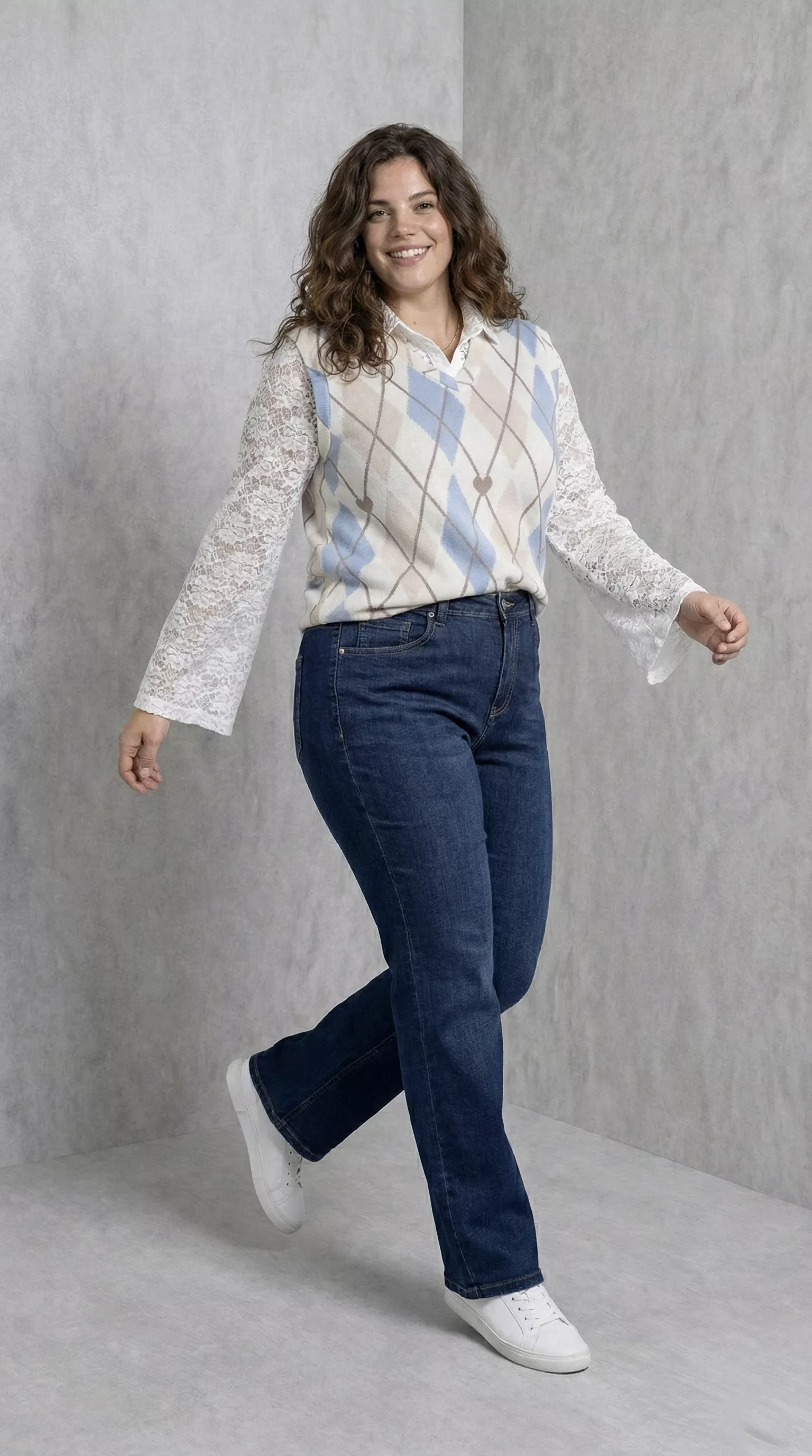 ENSEMBLE PULL DENTELLE + GILET SANS MANCHES JACQUARD – GRANDE TAILLE TU 44–46