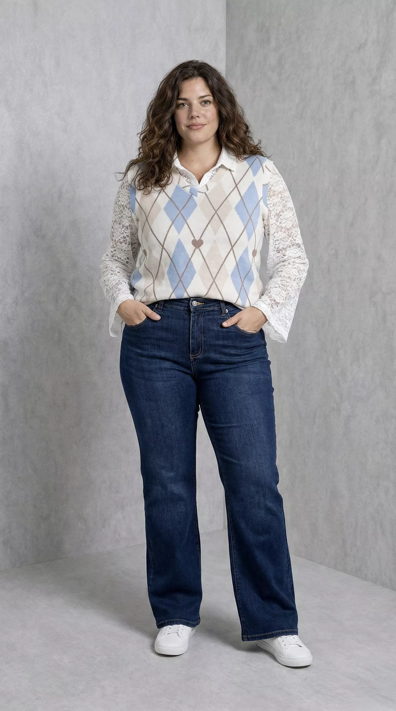 ENSEMBLE PULL DENTELLE + GILET SANS MANCHES JACQUARD – GRANDE TAILLE TU 44–46