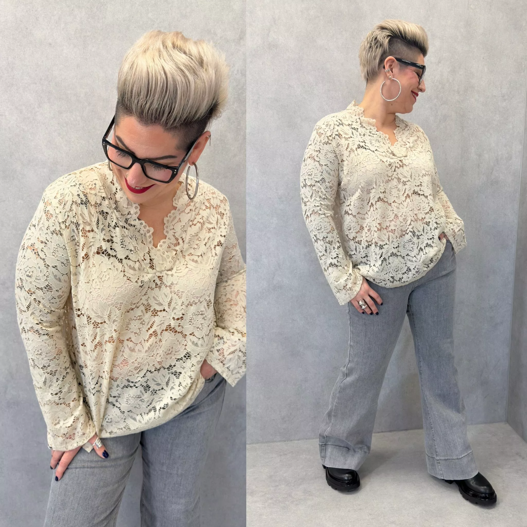 TOP DENTELLE MANCHES LONGUES – C MÉLODIE – GRANDE TAILLE 44–48