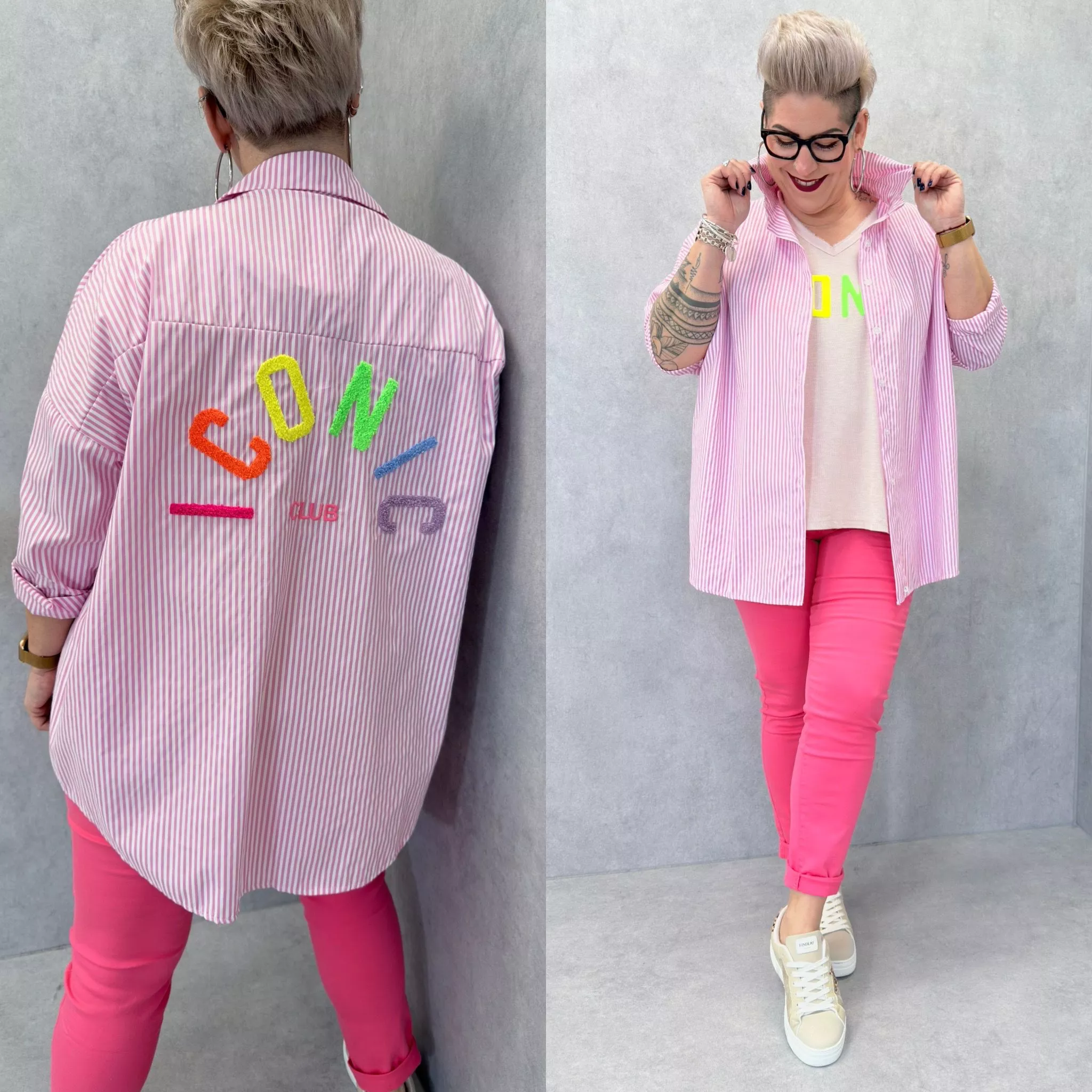 CHEMISE ICONIC RAYÉE – APPLICATION BOUCLETTE – GRANDE TAILLE 46–50