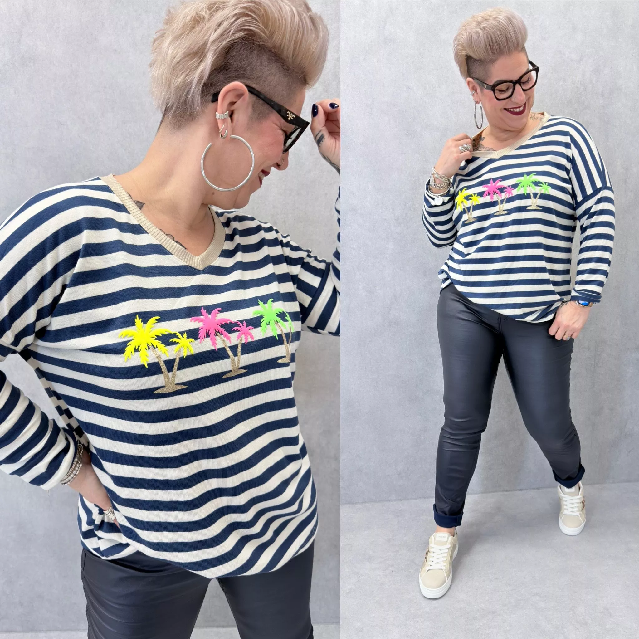 PULL PALMIER RAYÉ – COL V DORÉ – GRANDE TAILLE 44–48