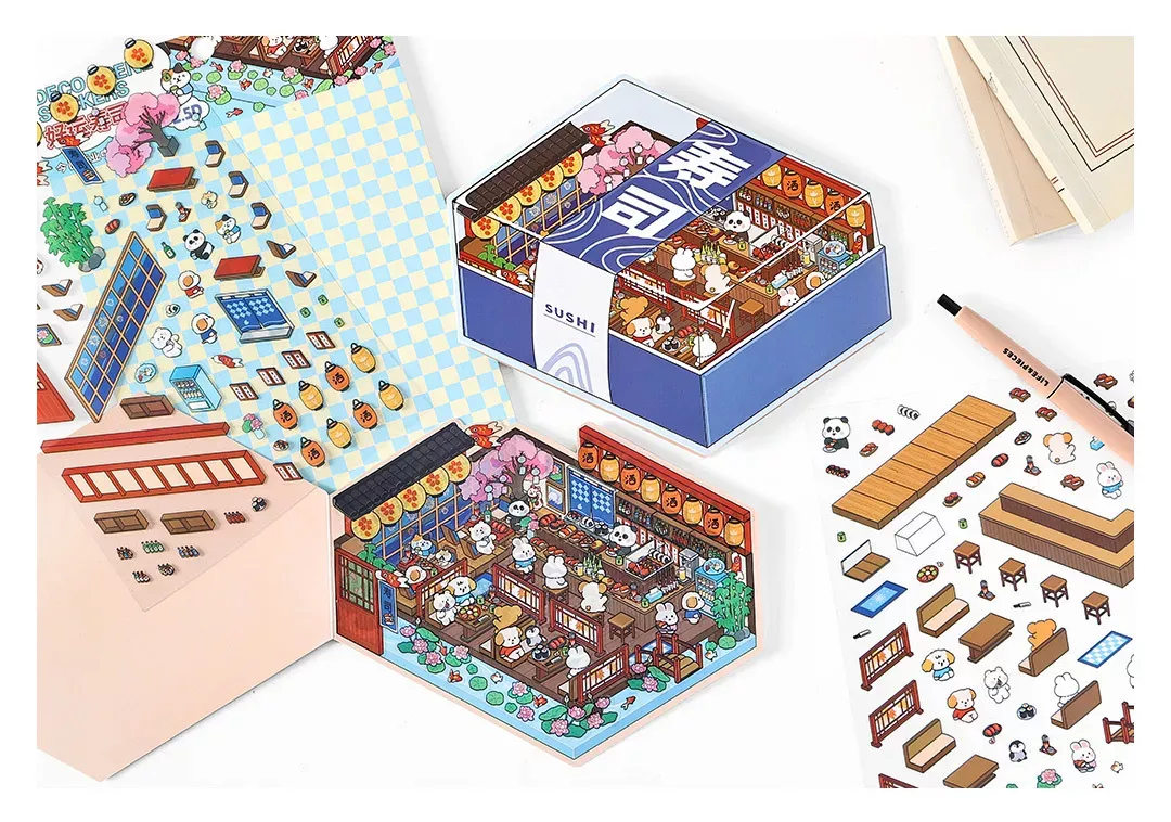 COZY STICKERS SCÈNE 3D GOOD LUCK SUSHI SHOP – CARTE 17 × 13 CM