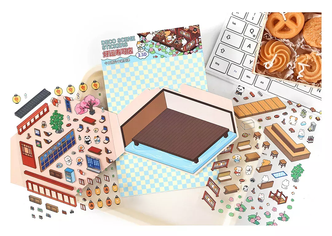 COZY STICKERS SCÈNE 3D GOOD LUCK SUSHI SHOP – CARTE 17 × 13 CM