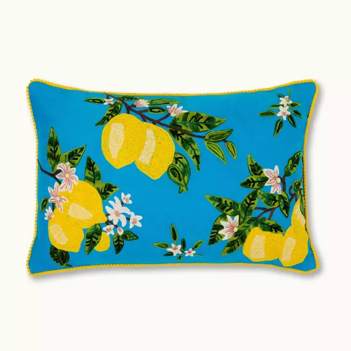 COUSSIN COTON CITRONS JAUNES SUR FOND BLEU AVEC REMBOURRAGE – BY VIVI