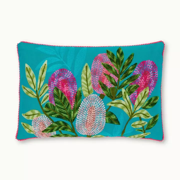COUSSIN COTON FLEURS TROPICALES SUR FOND TURQUOISE AVEC REMBOURRAGE – BY VIVI