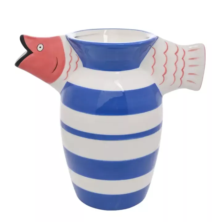 VASE CÉRAMIQUE RAYÉ BLEU & BLANC AVEC POISSON HESTIA – W&CO