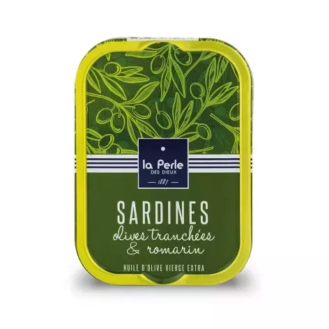 SARDINES AUX OLIVES TRANCHÉES & ROMARIN – POIDS TOTAL NET 115 G – LA PERLE DES DIEUX 1887