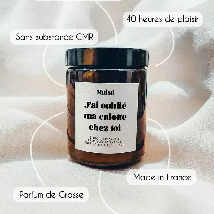 BOUGIE PARFUMÉE – J’AI OUBLIÉ MA CULOTTE CHEZ TOI – FLEUR D’ORANGER – 160 G – MUISTI