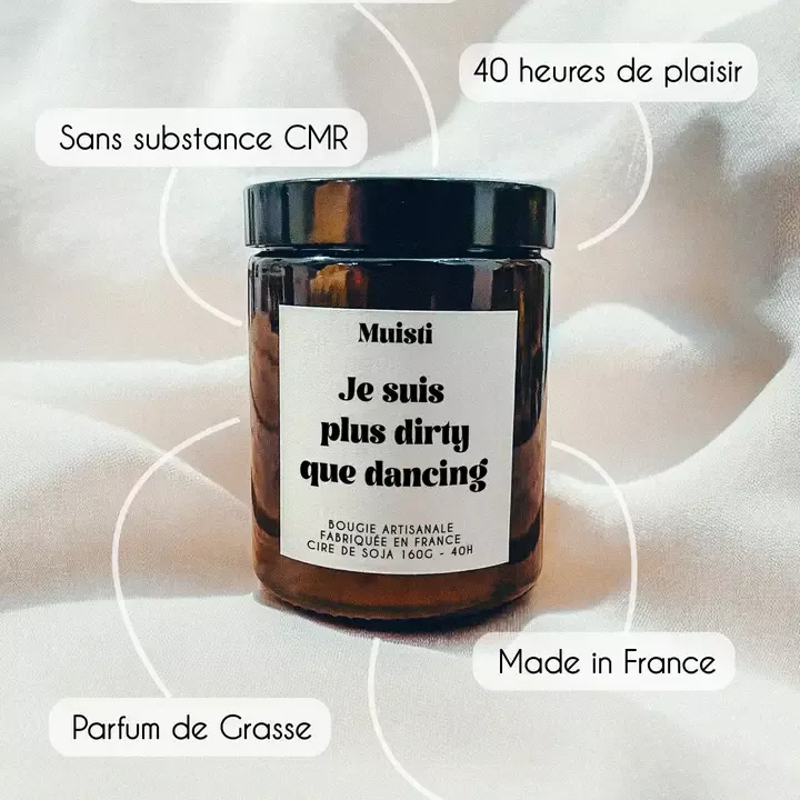 BOUGIE PARFUMÉE – JE SUIS PLUS DIRTY QUE DANCING – BOIS PRÉCIEUX – 160 G – MUISTI