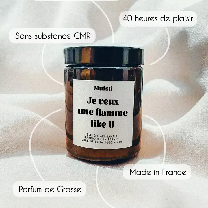 BOUGIE PARFUMÉE – JE VEUX UNE FLAMME LIKE U – BOIS PRÉCIEUX – 160 G – MUISTI