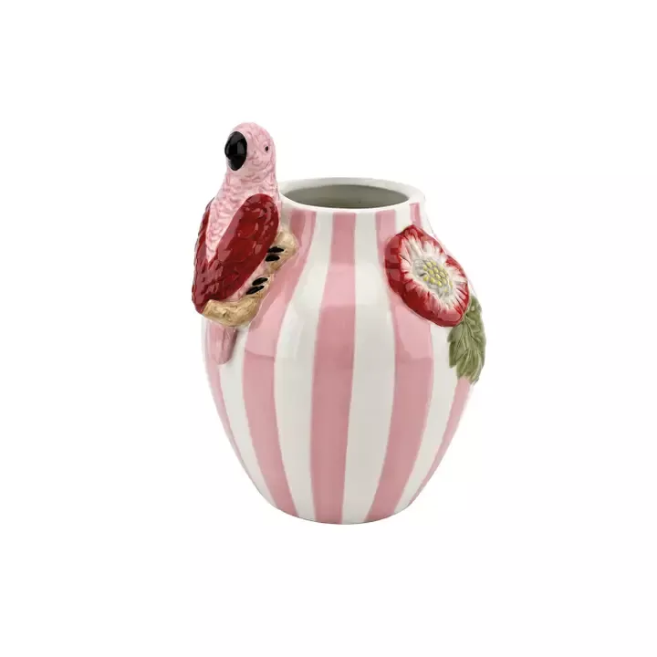 VASE AUS STEINGUT – VOGEL MIT ROSA STREIFEN – OPJET PARIS