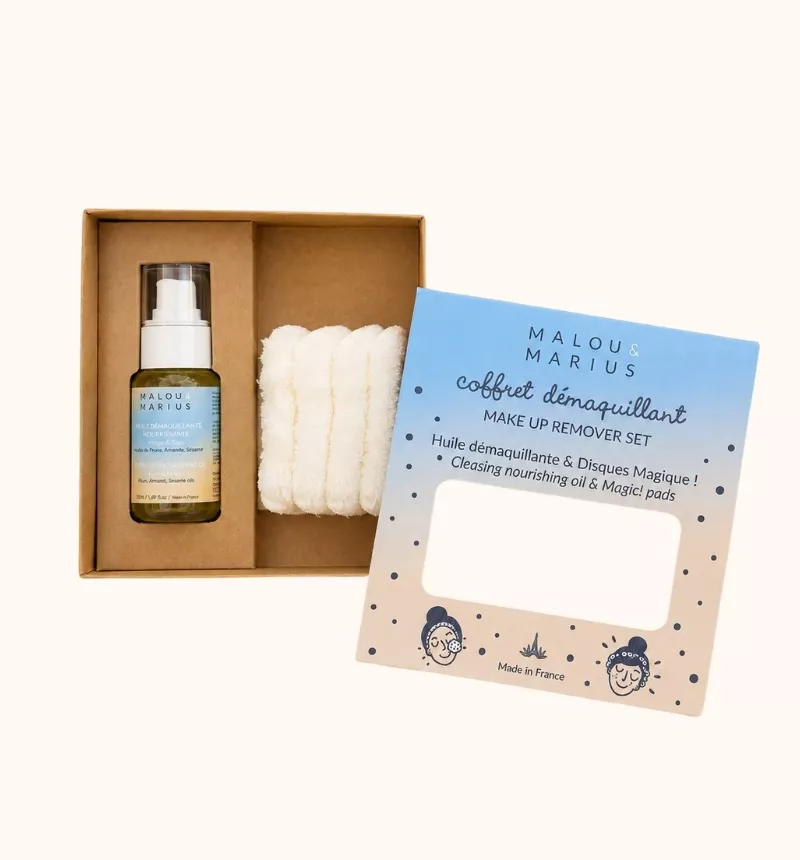 COFFRET DÉMAQUILLANT – HUILE 50 ML & 4 DISQUES – MALOU & MARIUS